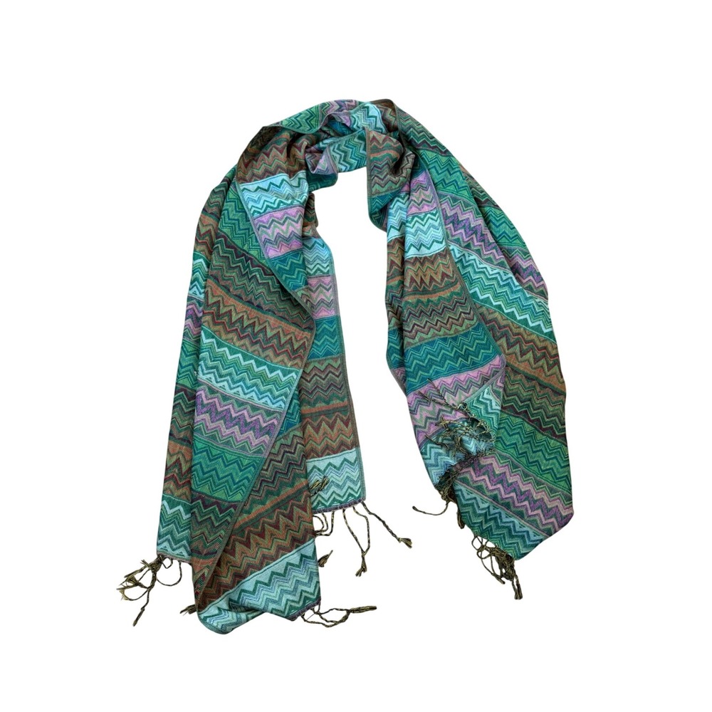 Cashmere chevron patterned‎ silk blend oversized scarf green and purple Fringe